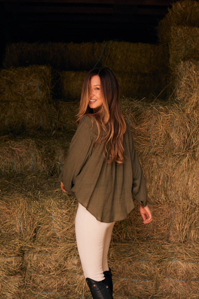 Solid Citizen Equestrian Lee | Mandarin Collar Button Blouse | Moss Green