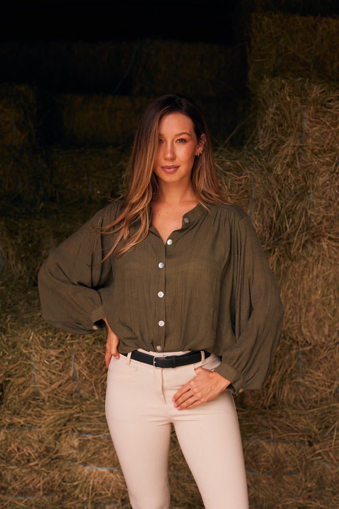 Solid Citizen Equestrian Lee | Mandarin Collar Button Blouse | Moss Green