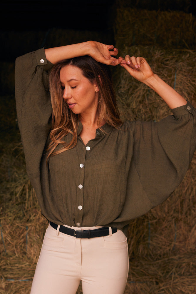 Solid Citizen Equestrian Lee | Mandarin Collar Button Blouse | Moss Green