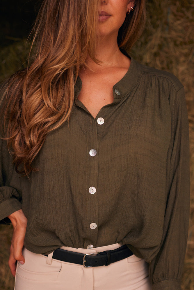 Solid Citizen Equestrian Lee | Mandarin Collar Button Blouse | Moss Green