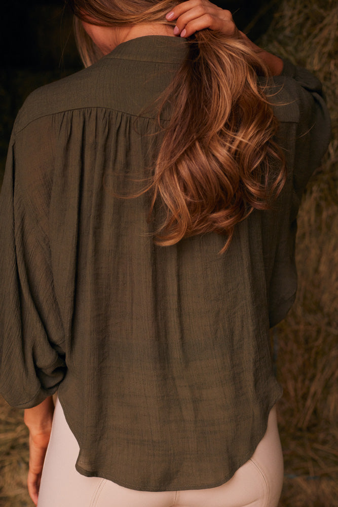 Solid Citizen Equestrian Lee | Mandarin Collar Button Blouse | Moss Green