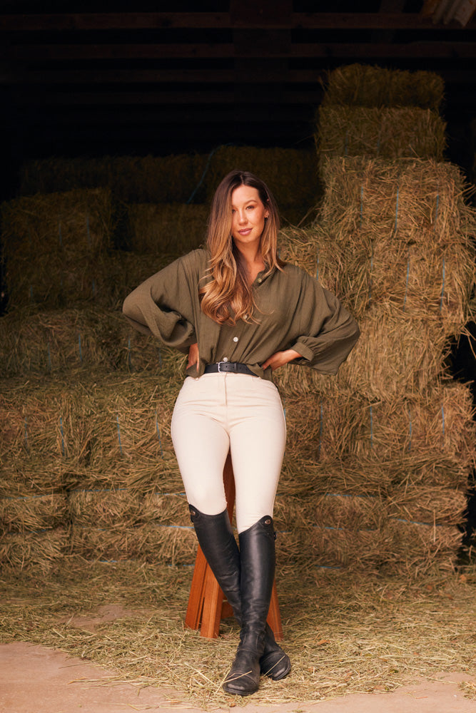 Solid Citizen Equestrian Lee | Mandarin Collar Button Blouse | Moss Green