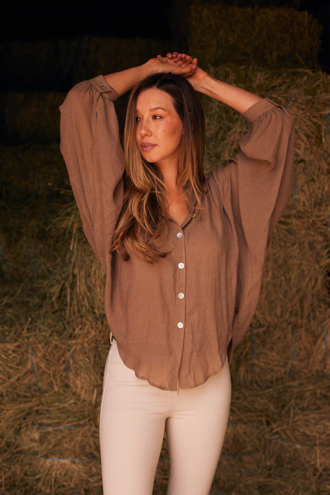 Solid Citizen Equestrian Lee | Mandarin Collar Button Blouse | Toasted Almond