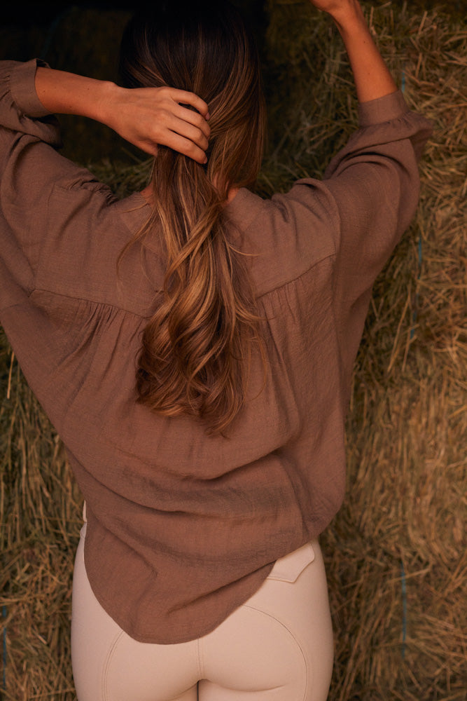 Solid Citizen Equestrian Lee | Mandarin Collar Button Blouse | Toasted Almond