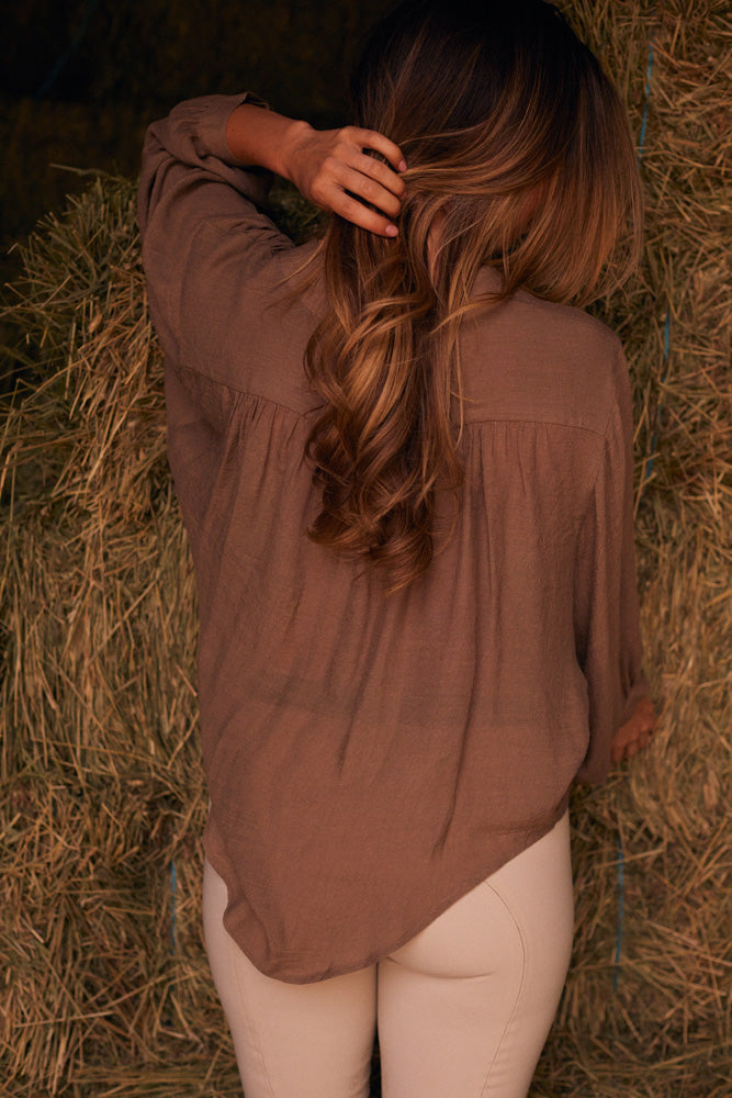 Solid Citizen Equestrian Lee | Mandarin Collar Button Blouse | Toasted Almond