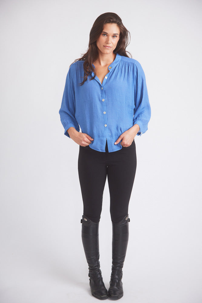 Solid Citizen Equestrian Lee | Mandarin Collar Button Blouse | French Blue