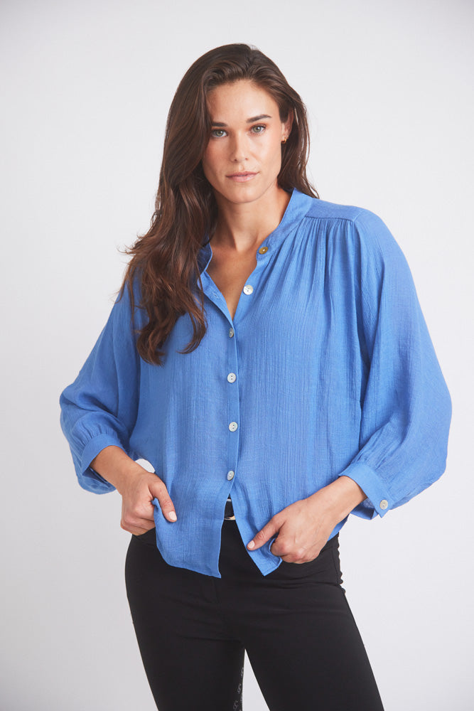 Solid Citizen Equestrian Lee | Mandarin Collar Button Blouse | French Blue