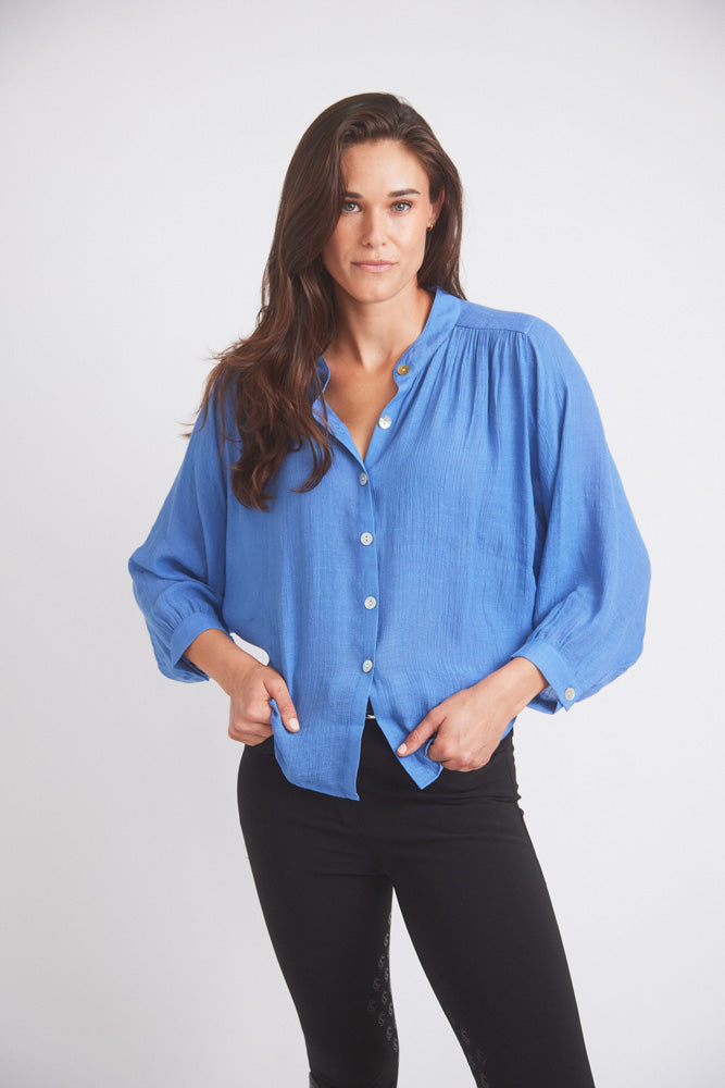 Solid Citizen Equestrian Lee | Mandarin Collar Button Blouse | French Blue