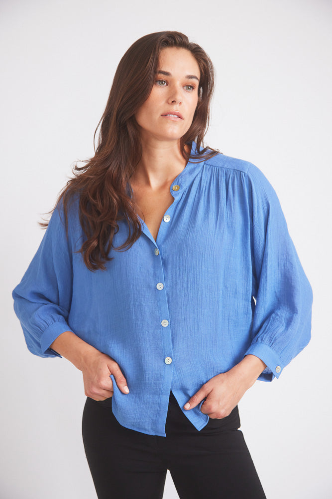 Solid Citizen Equestrian Lee | Mandarin Collar Button Blouse | French Blue
