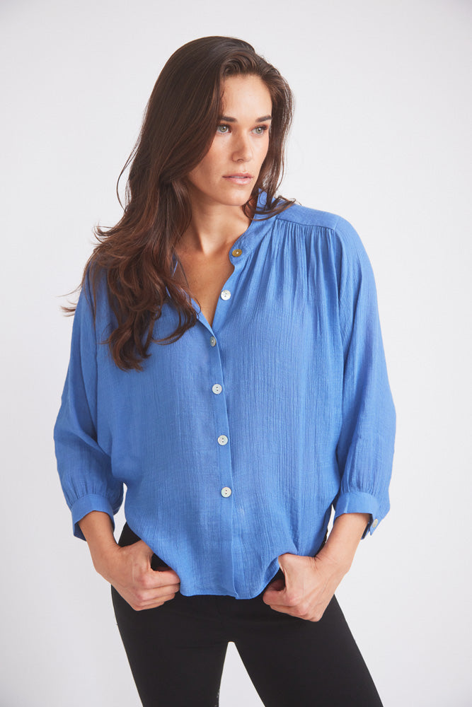 Solid Citizen Equestrian Lee | Mandarin Collar Button Blouse | French Blue
