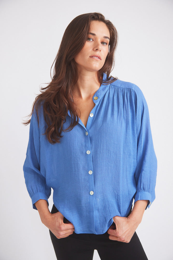 Solid Citizen Equestrian Lee | Mandarin Collar Button Blouse | French Blue