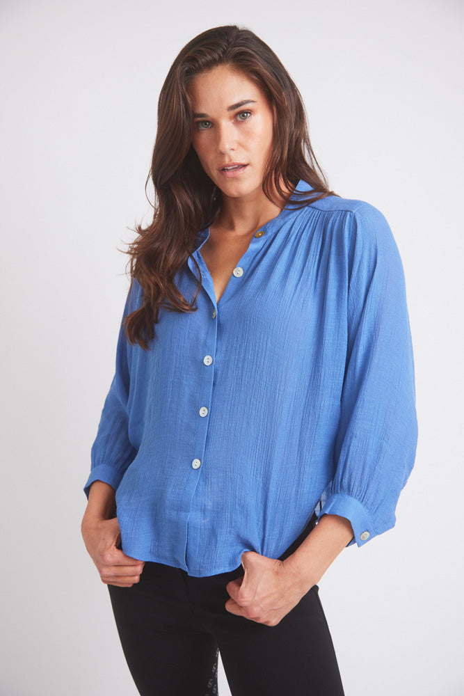 Solid Citizen Equestrian Lee | Mandarin Collar Button Blouse | French Blue