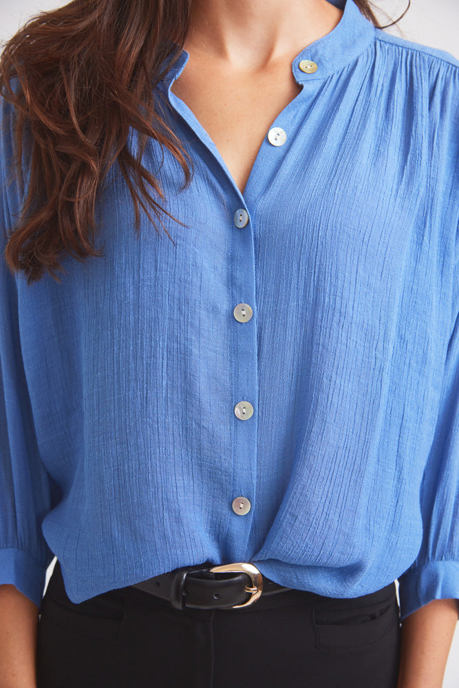 Solid Citizen Equestrian Lee | Mandarin Collar Button Blouse | French Blue
