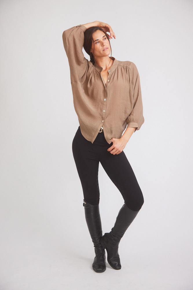 Solid Citizen Equestrian Lee | Mandarin Collar Button Blouse | Toasted Almond