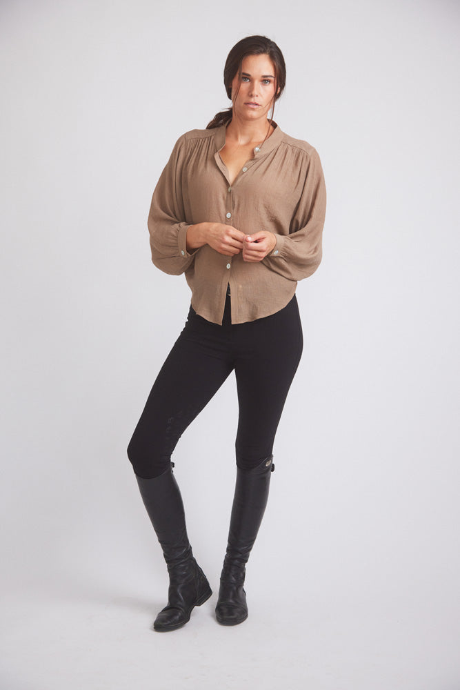 Solid Citizen Equestrian Lee | Mandarin Collar Button Blouse | Toasted Almond