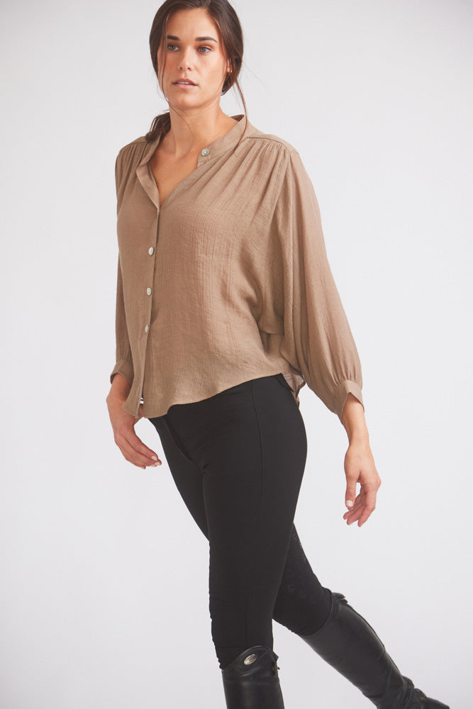 Solid Citizen Equestrian Lee | Mandarin Collar Button Blouse | Toasted Almond