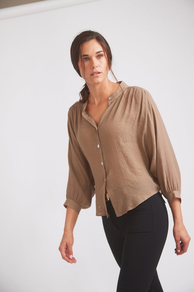 Solid Citizen Equestrian Lee | Mandarin Collar Button Blouse | Toasted Almond