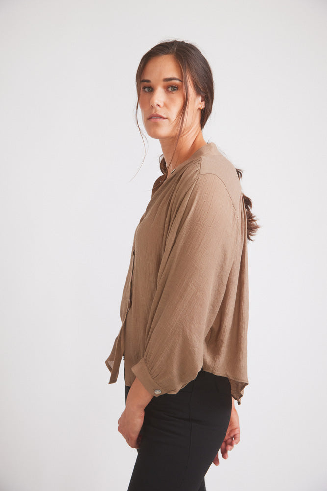 Solid Citizen Equestrian Lee | Mandarin Collar Button Blouse | Toasted Almond