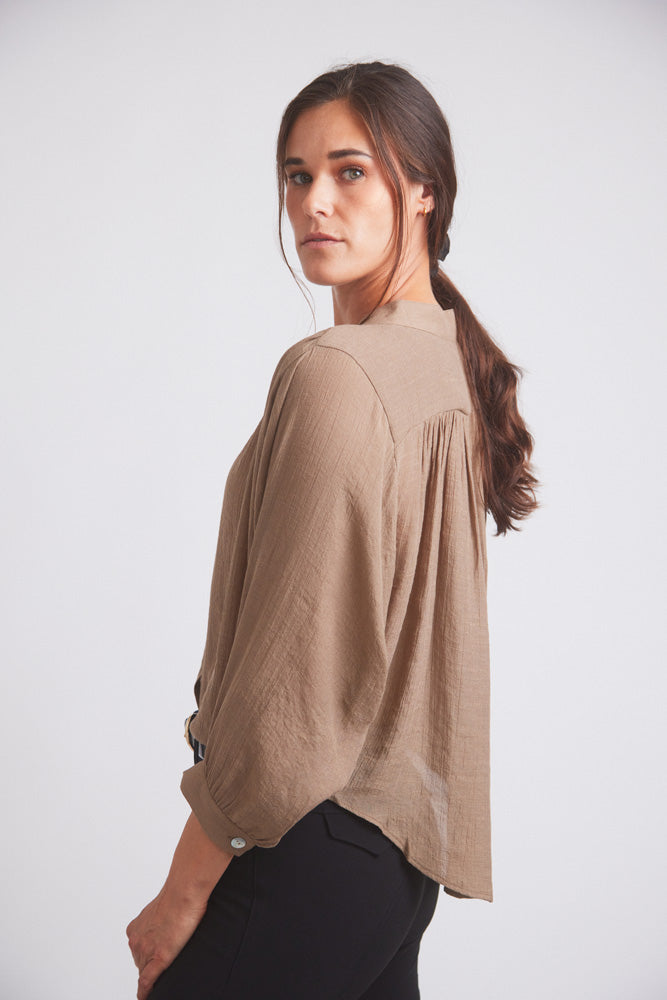 Solid Citizen Equestrian Lee | Mandarin Collar Button Blouse | Toasted Almond