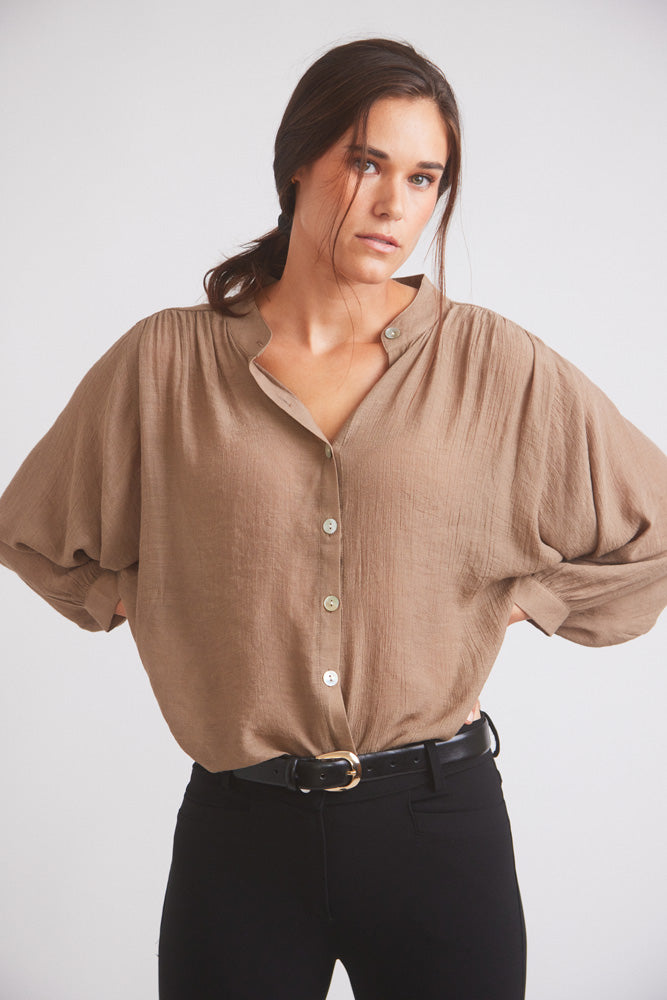 Solid Citizen Equestrian Lee | Mandarin Collar Button Blouse | Toasted Almond
