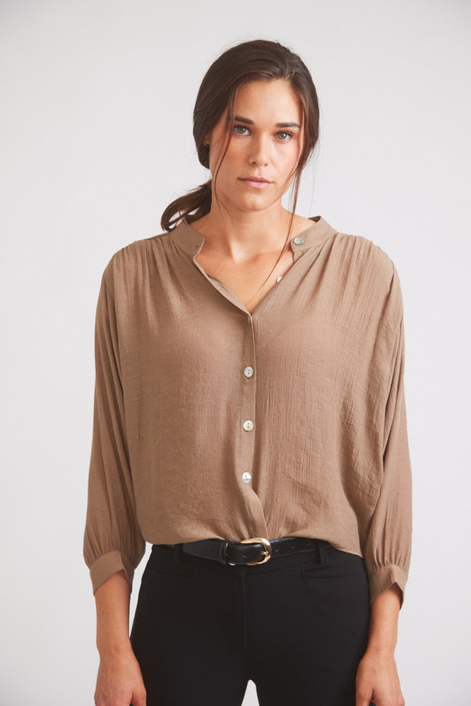 Solid Citizen Equestrian Lee | Mandarin Collar Button Blouse | Toasted Almond