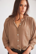Solid Citizen Equestrian Lee | Mandarin Collar Button Blouse | Toasted Almond