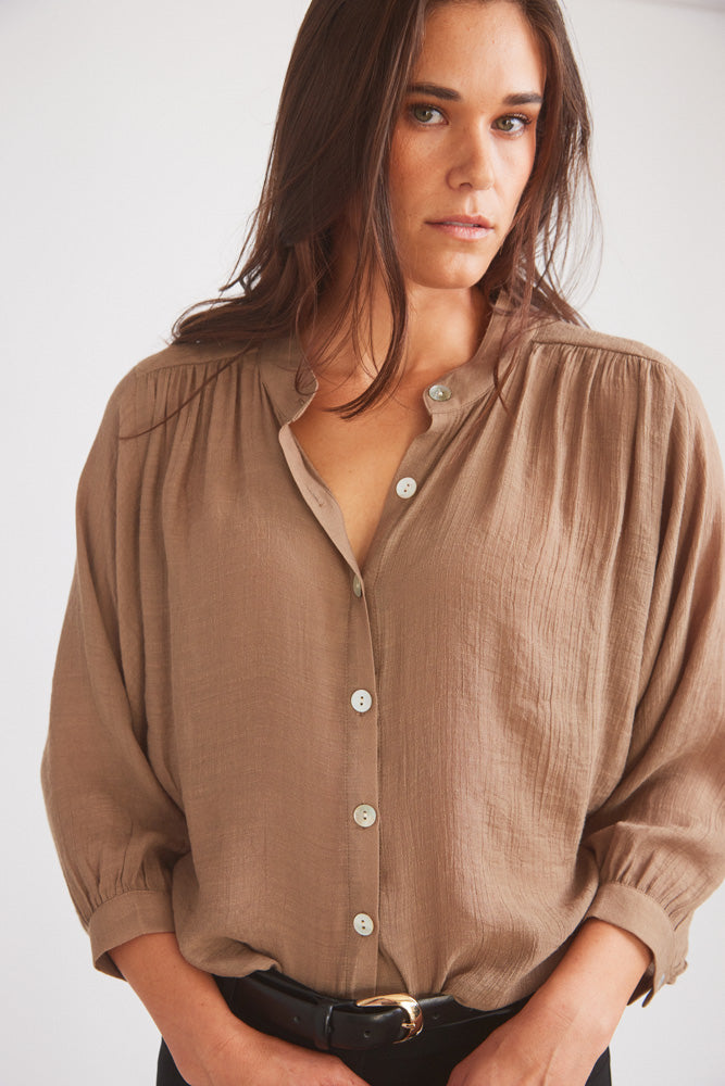 Solid Citizen Equestrian Lee | Mandarin Collar Button Blouse | Toasted Almond