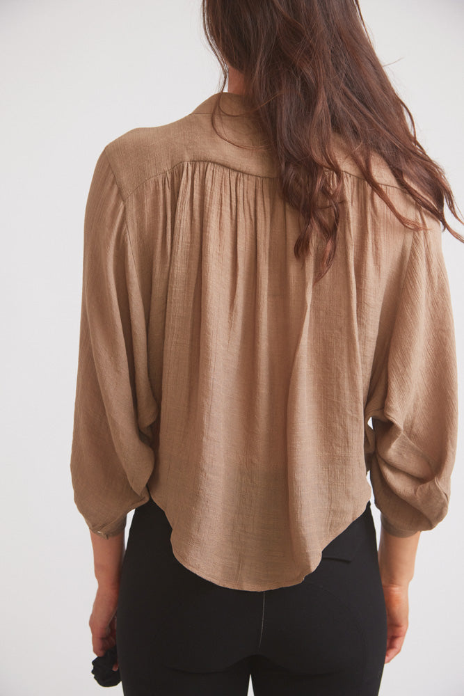 Solid Citizen Equestrian Lee | Mandarin Collar Button Blouse | Toasted Almond