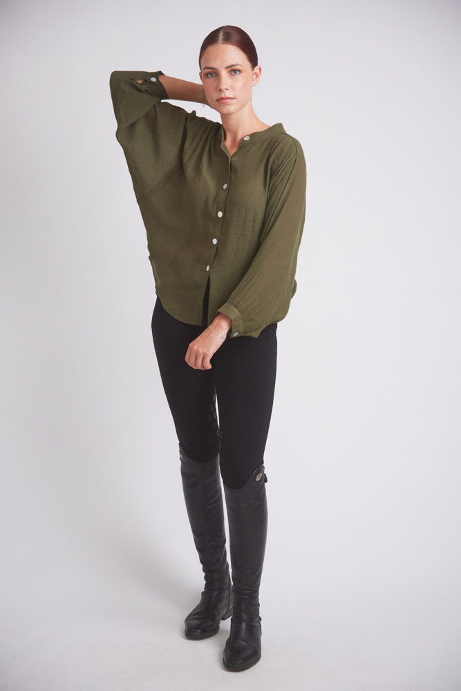 Solid Citizen Equestrian Lee | Mandarin Collar Button Blouse | Moss Green