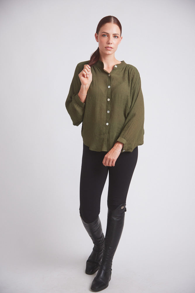 Solid Citizen Equestrian Lee | Mandarin Collar Button Blouse | Moss Green