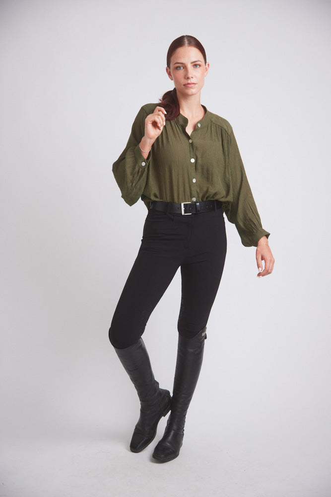 Solid Citizen Equestrian Lee | Mandarin Collar Button Blouse | Moss Green