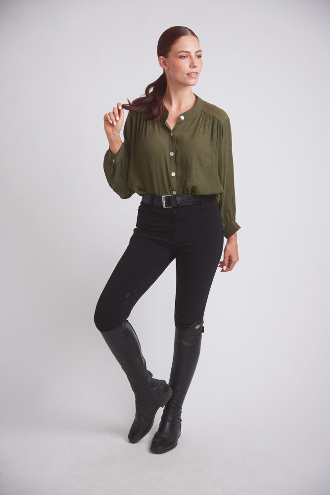 Solid Citizen Equestrian Lee | Mandarin Collar Button Blouse | Moss Green
