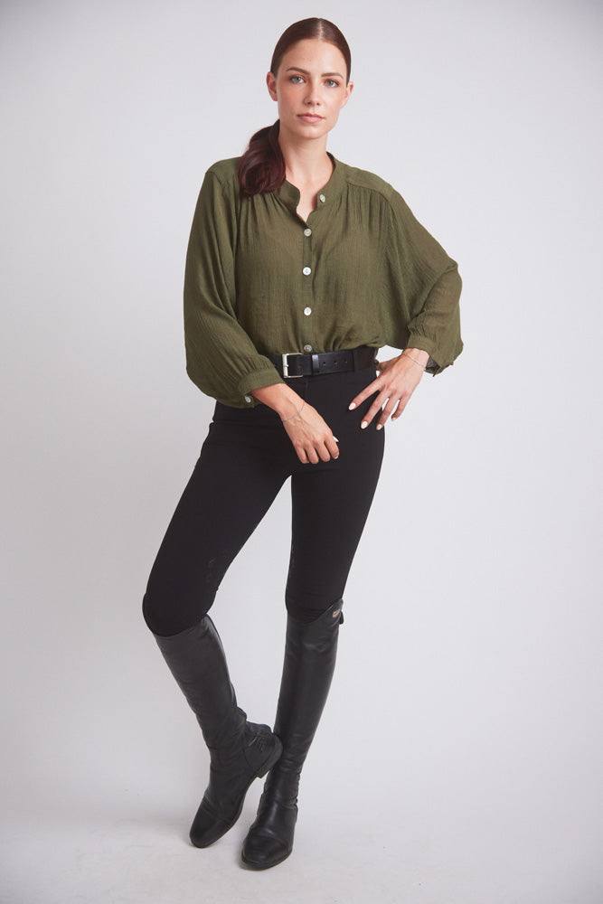 Solid Citizen Equestrian Lee | Mandarin Collar Button Blouse | Moss Green