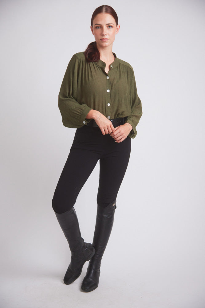 Solid Citizen Equestrian Lee | Mandarin Collar Button Blouse | Moss Green