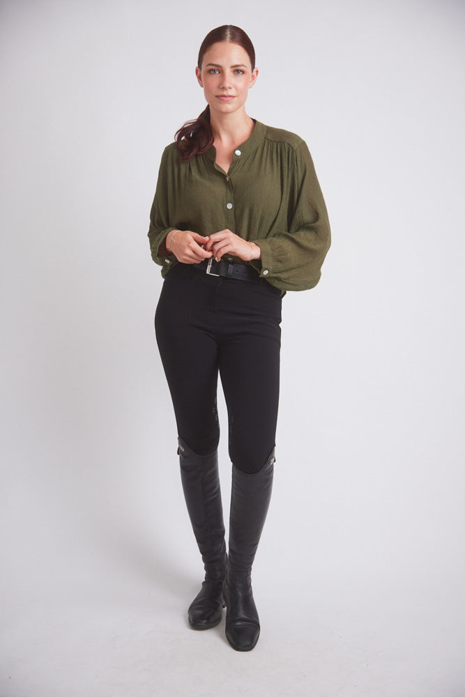 Solid Citizen Equestrian Lee | Mandarin Collar Button Blouse | Moss Green