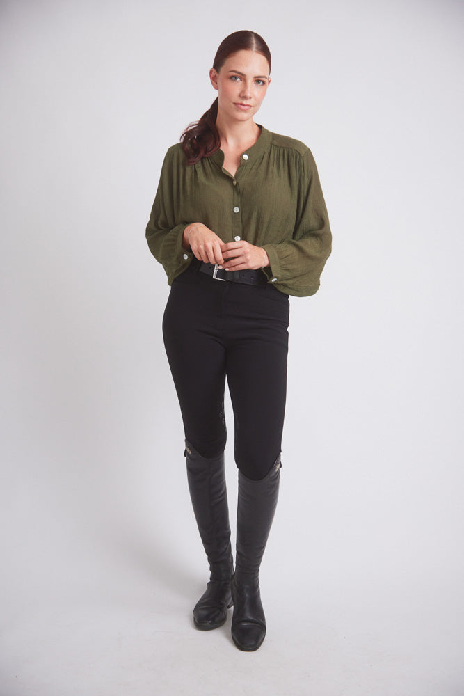 Solid Citizen Equestrian Lee | Mandarin Collar Button Blouse | Moss Green