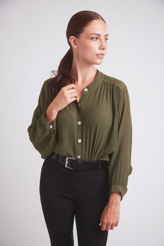 Solid Citizen Equestrian Lee | Mandarin Collar Button Blouse | Moss Green