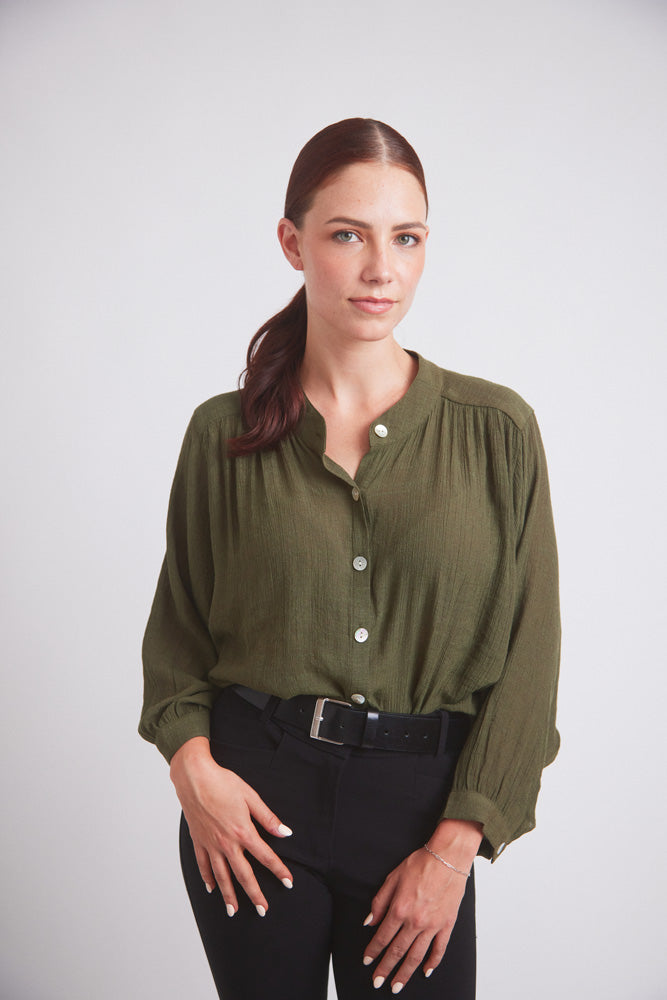 Solid Citizen Equestrian Lee | Mandarin Collar Button Blouse | Moss Green