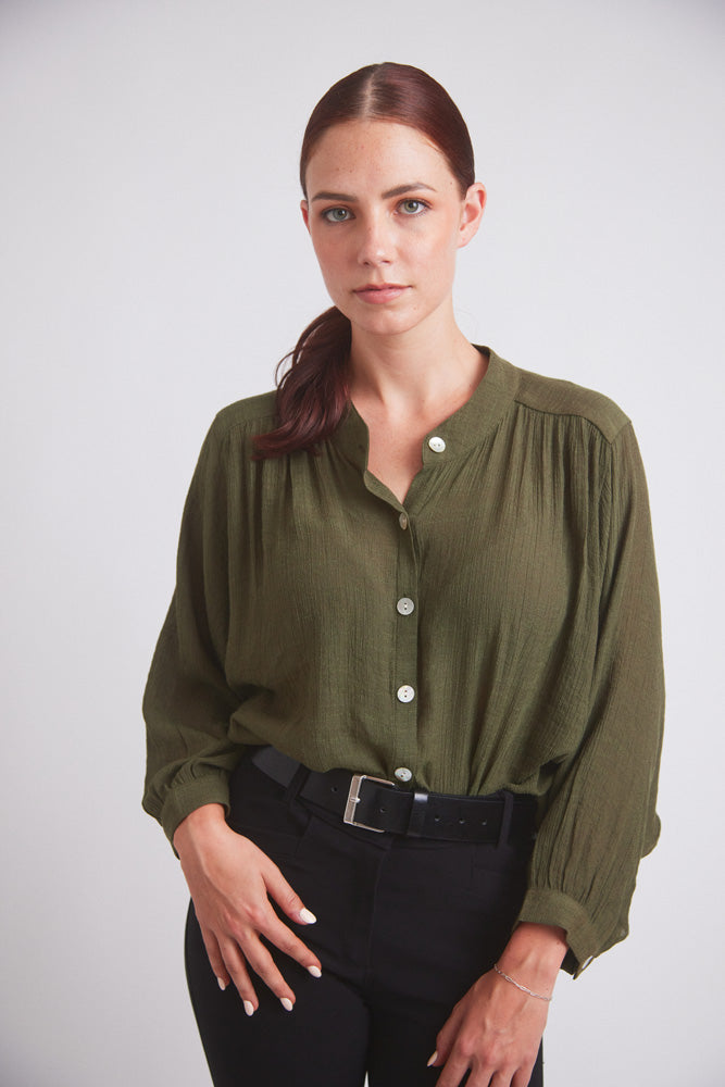 Solid Citizen Equestrian Lee | Mandarin Collar Button Blouse | Moss Green