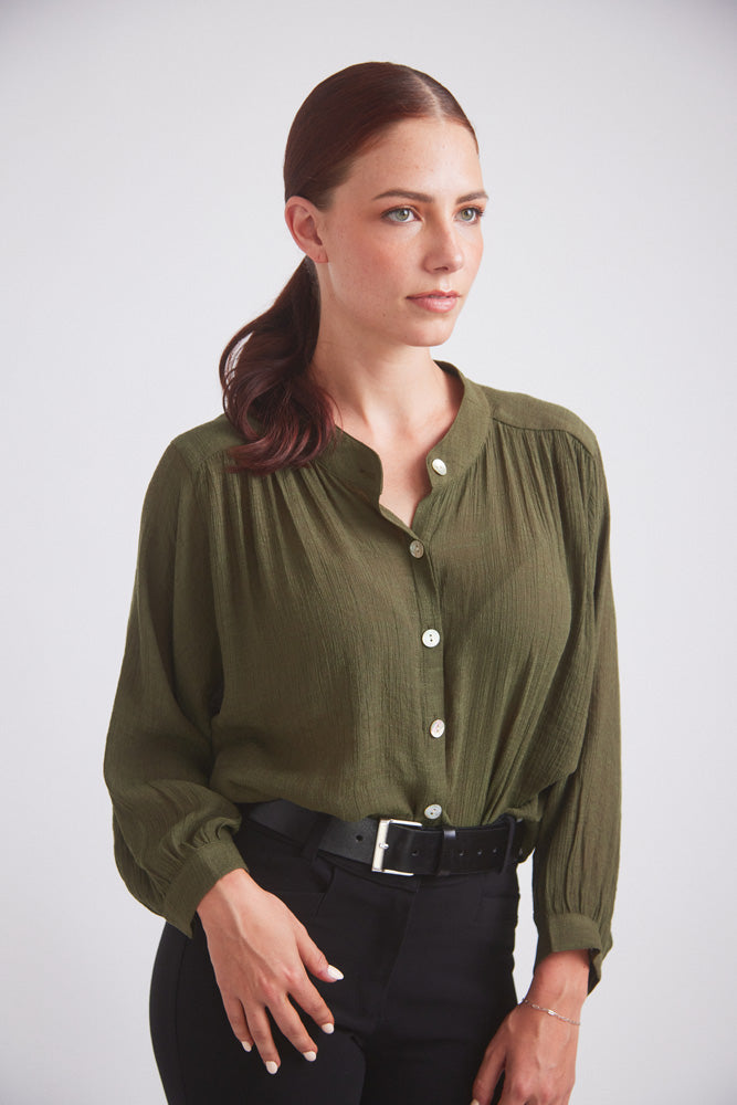 Solid Citizen Equestrian Lee | Mandarin Collar Button Blouse | Moss Green