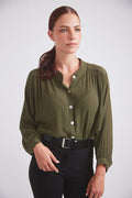 Solid Citizen Equestrian Lee | Mandarin Collar Button Blouse | Moss Green
