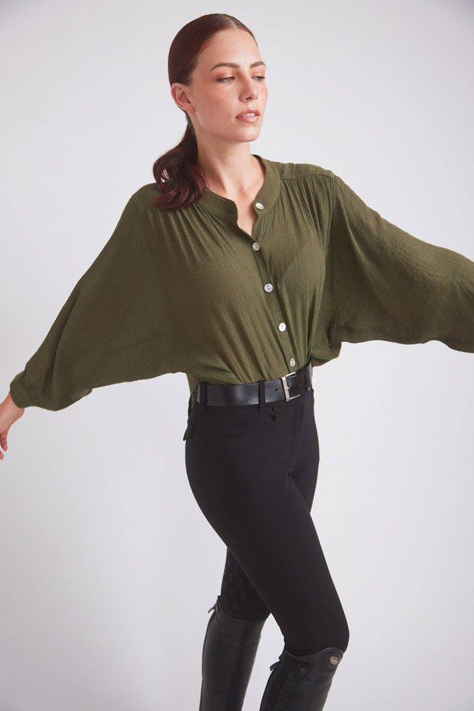 Solid Citizen Equestrian Lee | Mandarin Collar Button Blouse | Moss Green