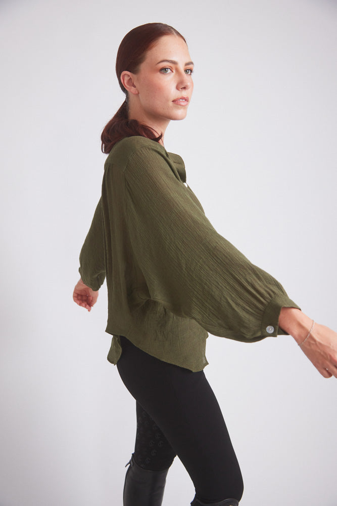 Solid Citizen Equestrian Lee | Mandarin Collar Button Blouse | Moss Green
