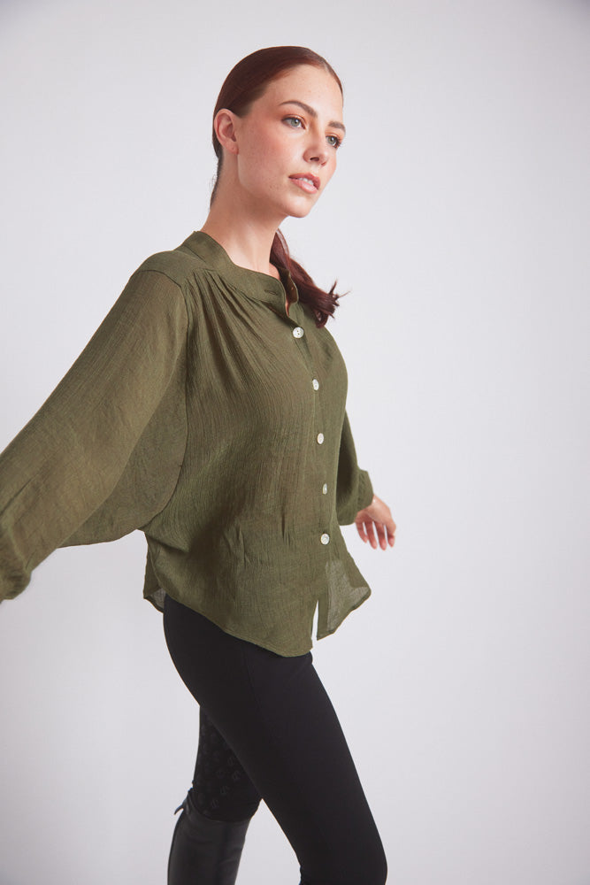 Solid Citizen Equestrian Lee | Mandarin Collar Button Blouse | Moss Green