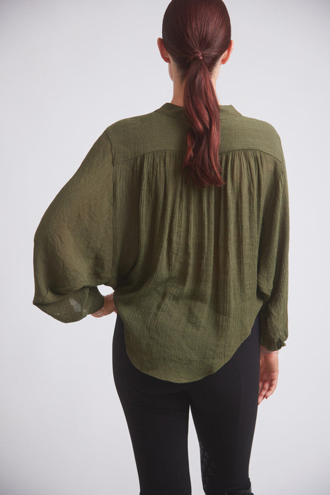 Solid Citizen Equestrian Lee | Mandarin Collar Button Blouse | Moss Green