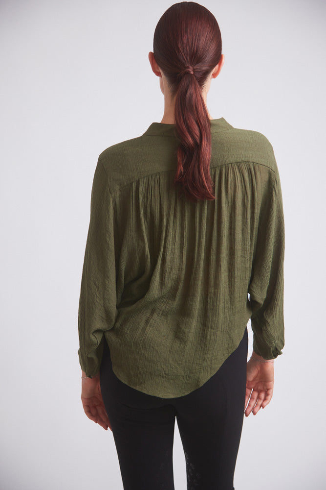Solid Citizen Equestrian Lee | Mandarin Collar Button Blouse | Moss Green