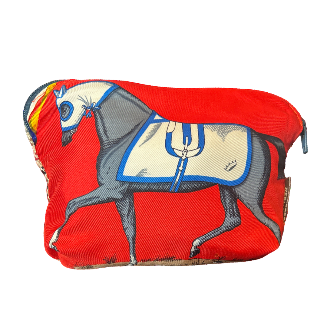 Vintage Hermes Couvertures et Tenues du Jour Red Silk Scarf Beauty Bag