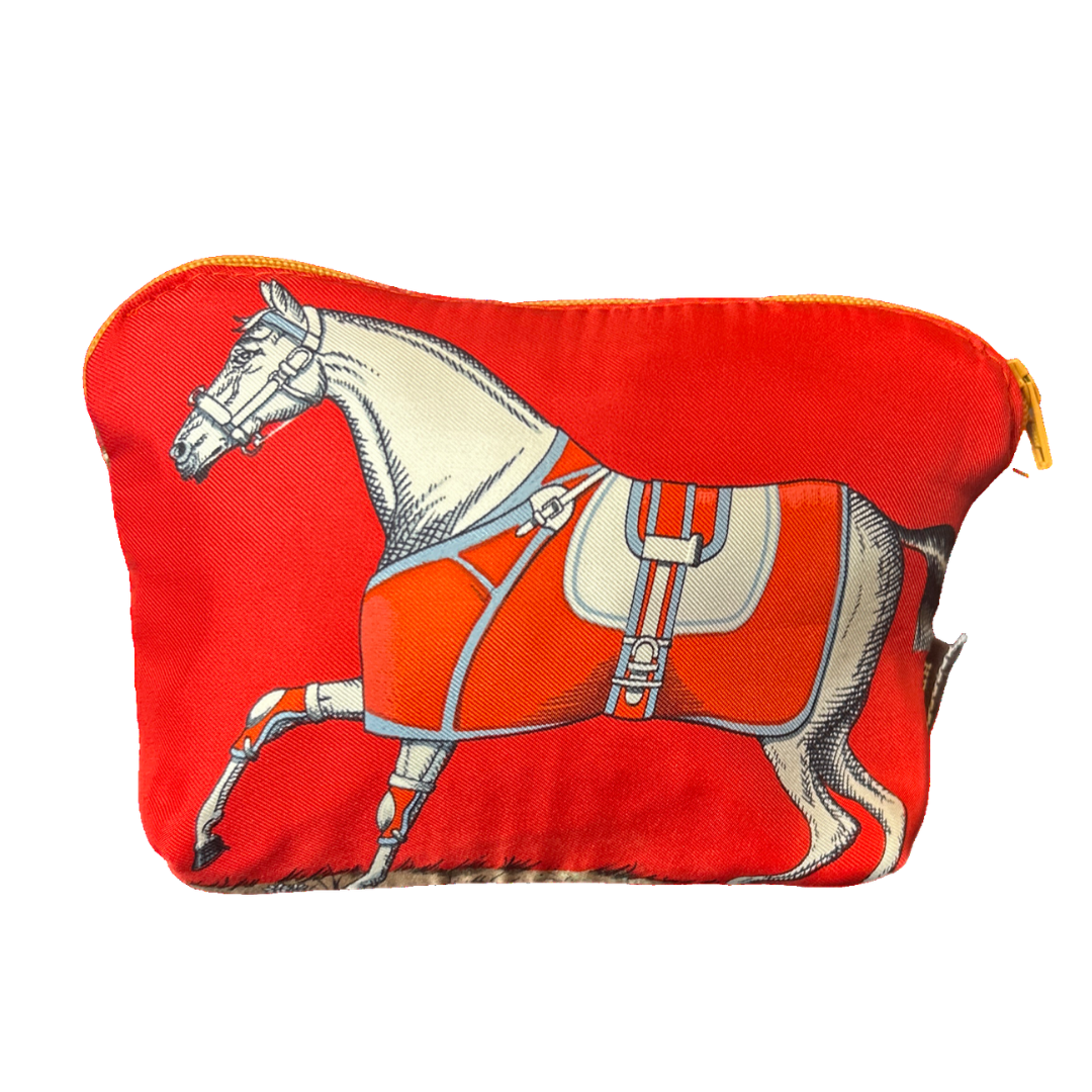 Vintage Hermes Couvertures et Tenues du Jour Red Silk Scarf Beauty Bag