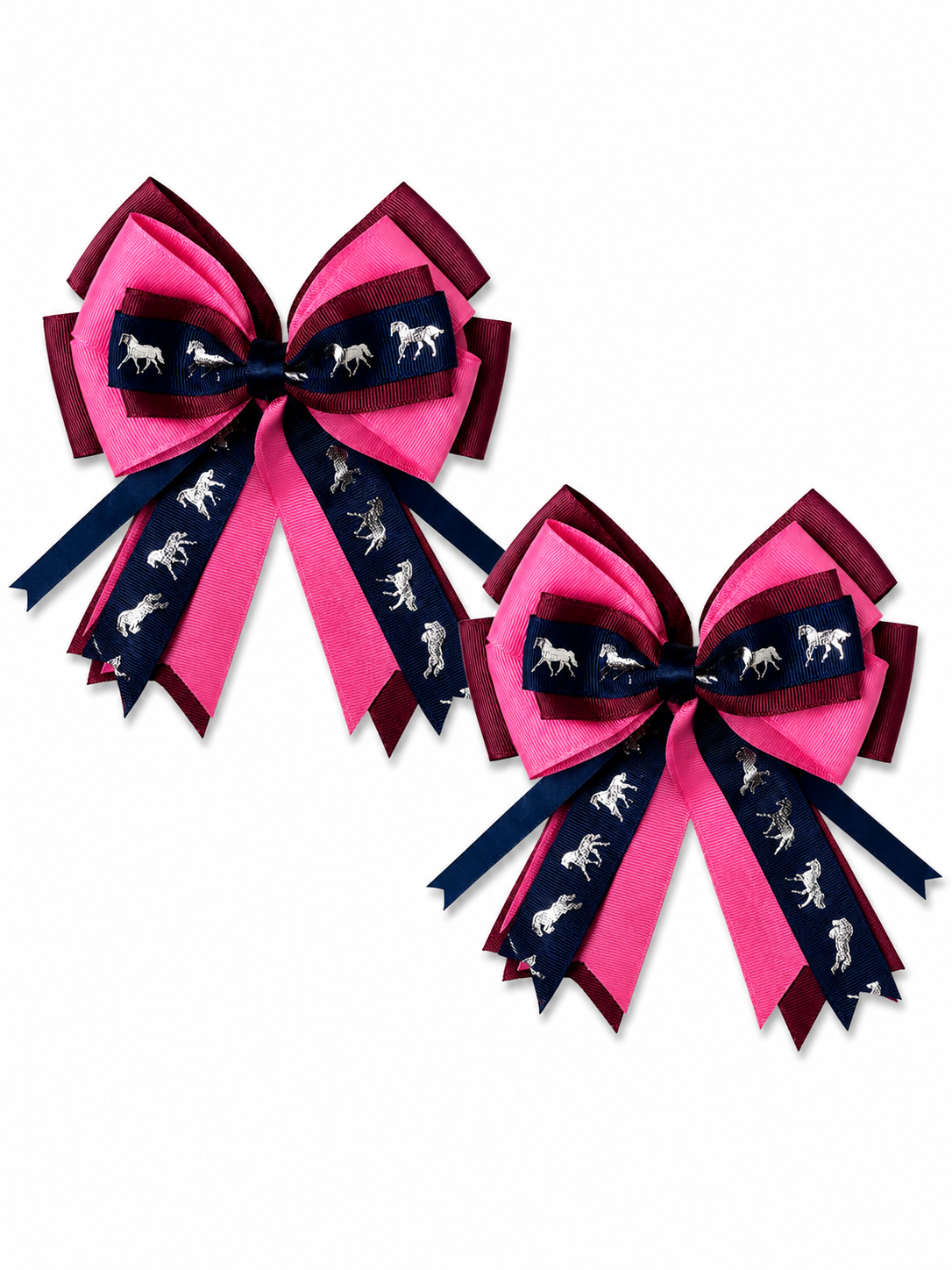 Kathryn Lily Show Bows-silver running horse on navy with pink & burgundy