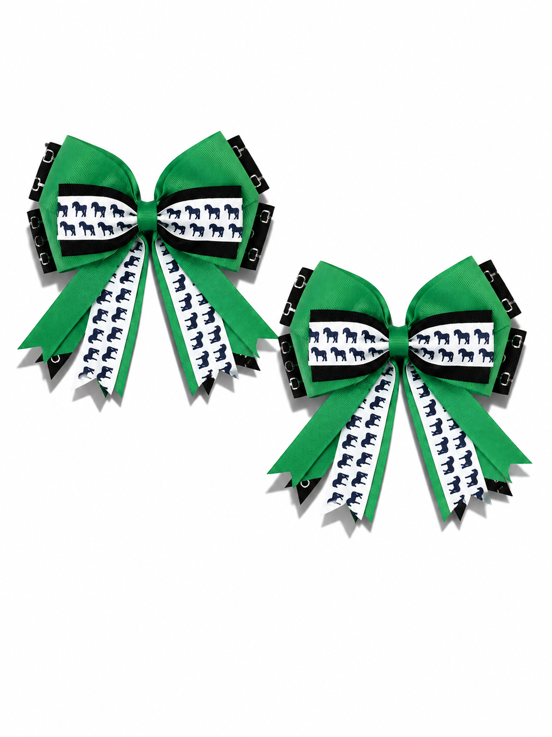 Kathryn Lily Show Bows-model horse & silver bits on green/black